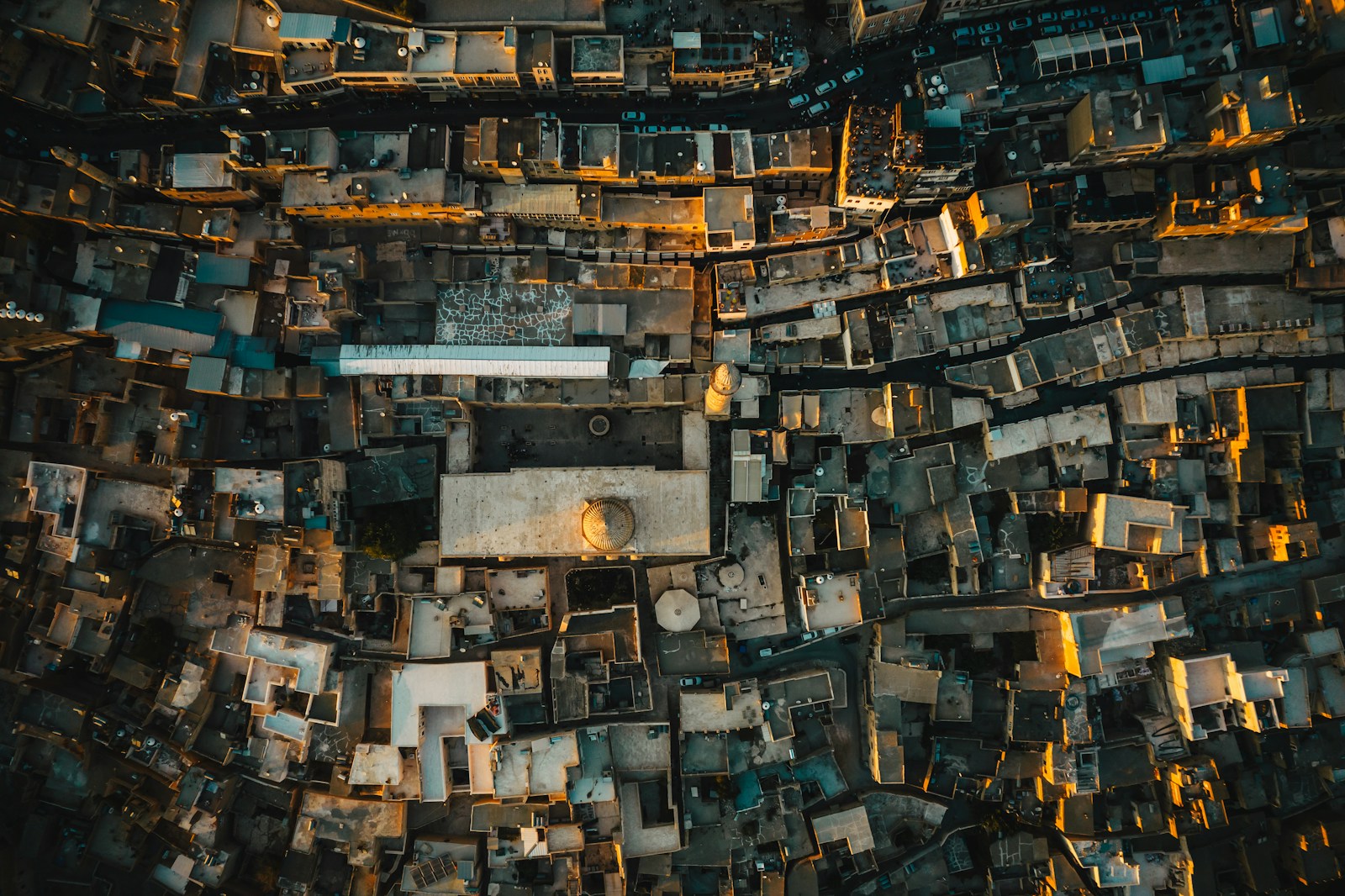 An aerial view of a city at night